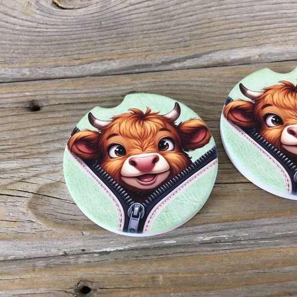 Highland Cow Peek-a-Boo Zipper Car Coasters Set of 2 - Picture 3 of 6
